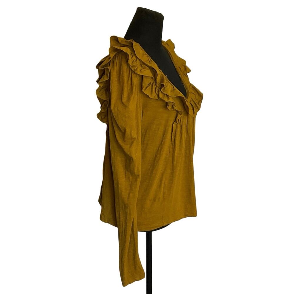 Anthropologie Top Womens Small Mustard Yellow Cotton Ruffle V Neck Long Sleeve - Picture 3 of 10